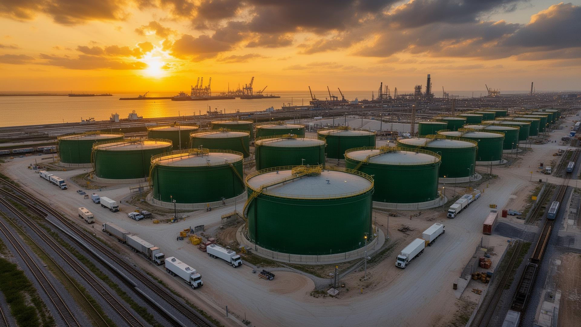 AM Energy fuel terminal at Port of Brownsville with storage tanks and logistics infrastructure